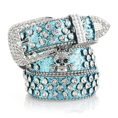 Women's Cowboy Style Skull Rhinestone Belt Blue - Shop at LoveMi