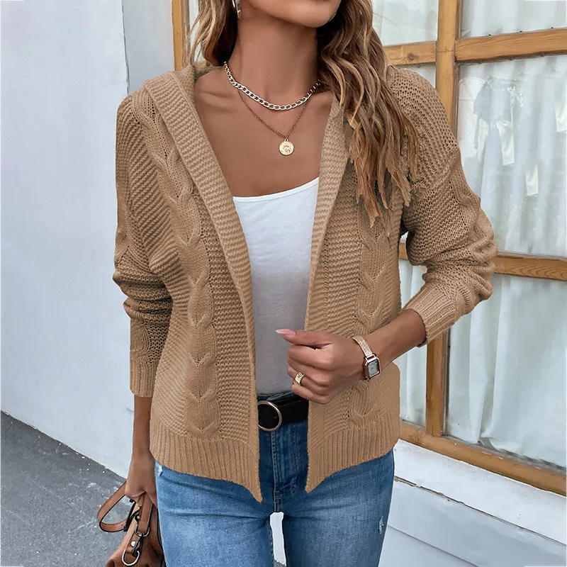Women's Fashion Casual Solid Color Hooded Twist Sweater Cardigan Coat Khaki - Shop at LoveMi