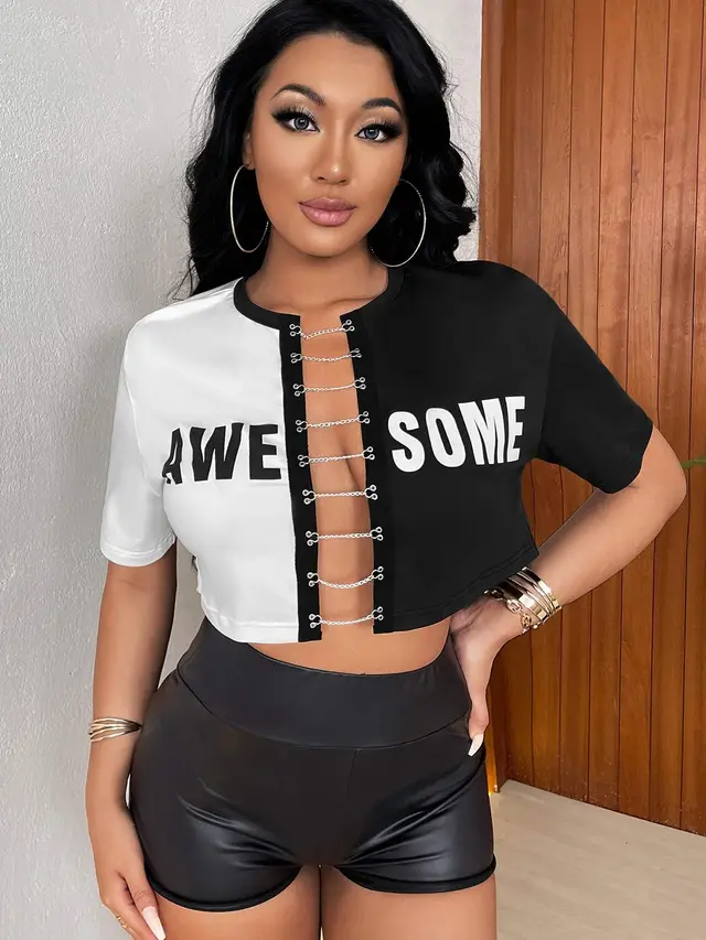 Round Neck Contrast Color Chain Fashion Letters Cardigan T shirt Black And White - Shop at LoveMi