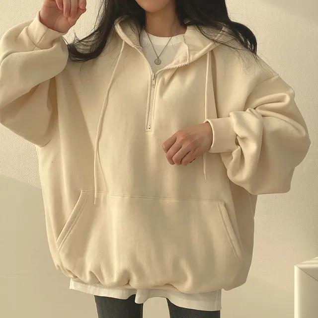 Autumn And Winter Fleece lined Pullover Zipper Hooded Sweater For Women 600 Beige Plus Velvet - Shop at LoveMi