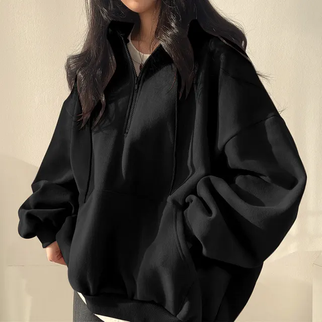 Autumn And Winter Fleece lined Pullover Zipper Hooded Sweater For Women 600 Black Thin - Shop at LoveMi