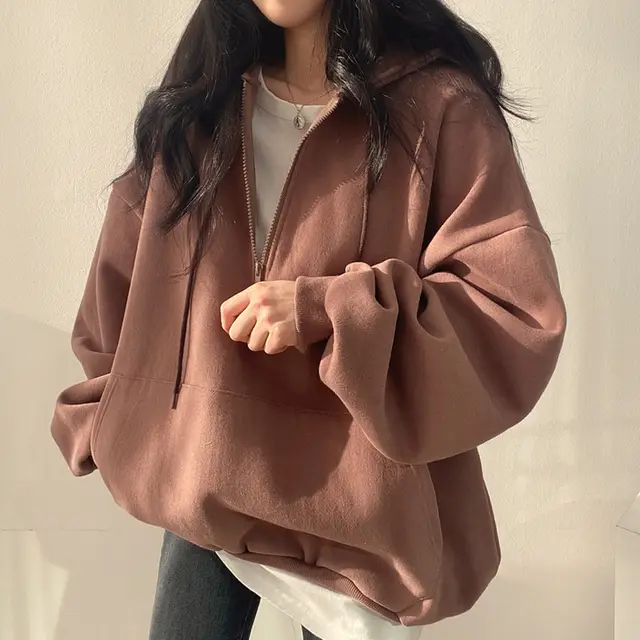Autumn And Winter Fleece lined Pullover Zipper Hooded Sweater For Women 600 Brown Thin - Shop at LoveMi