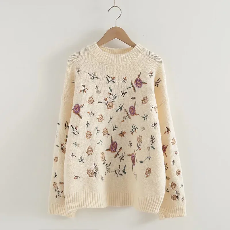 Autumn Winter Retro Embroidered Long Sleeve Crew Neck Pullover Sweater Beige - Shop at LoveMi