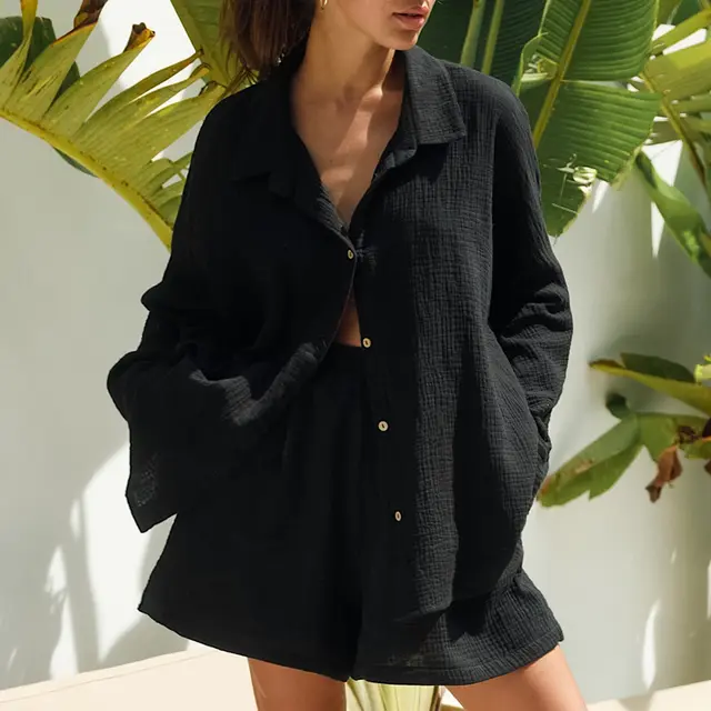 Women's Fashionable Simple Elegant Long Sleeve Blouse High Waist Wide Leg Pants Suit Black - Shop at LoveMi