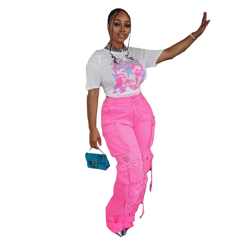Ladies New Denim Stereo Multi pocket Trousers Glittering Powder M - Shop at LoveMi