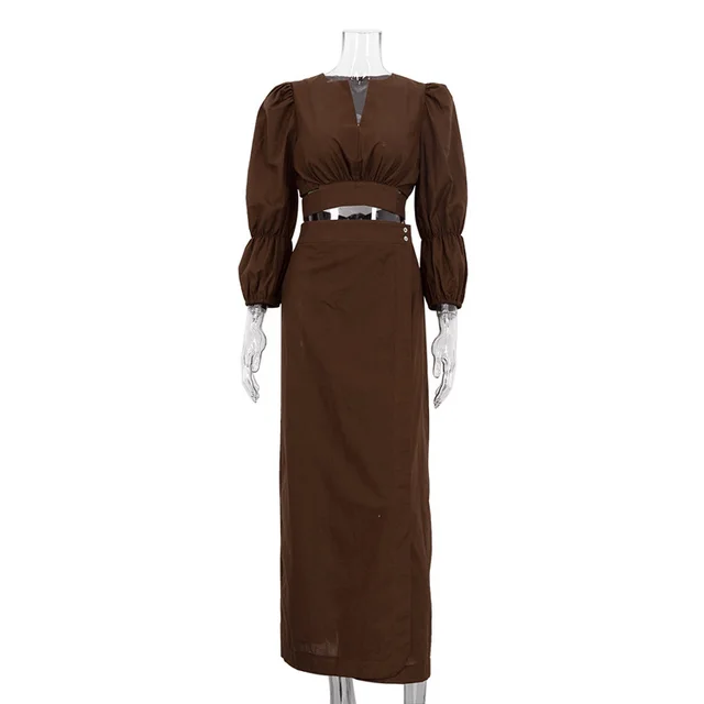 Women's Short Top Niche Temperament Slimming Dress Two piece Suit Brown - Shop at LoveMi