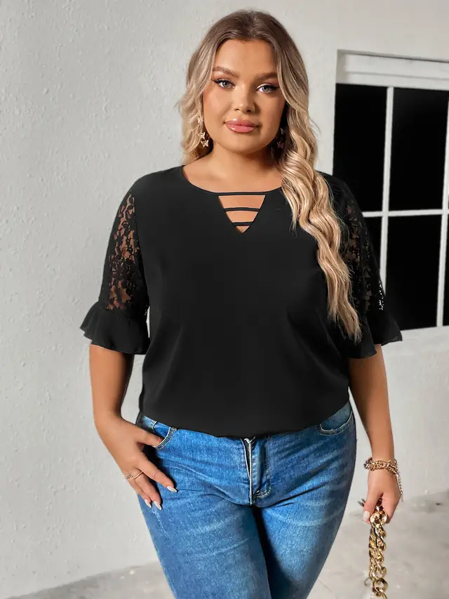 Women's Loose Pullover V neck Lace Short sleeved Top Black - Shop at LoveMi