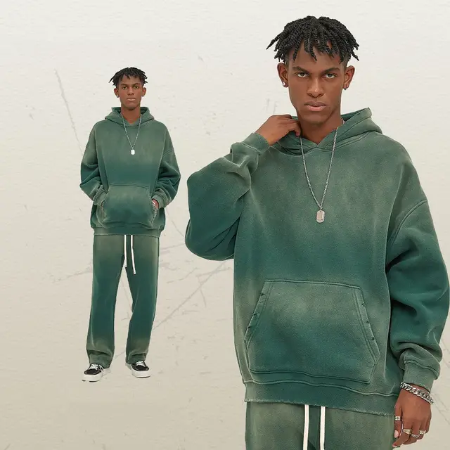 Solid Color With Fur Thick 350g Spray Dyed Distressed Hooded Sweater Spray Dyed Dark Green - Shop at LoveMi