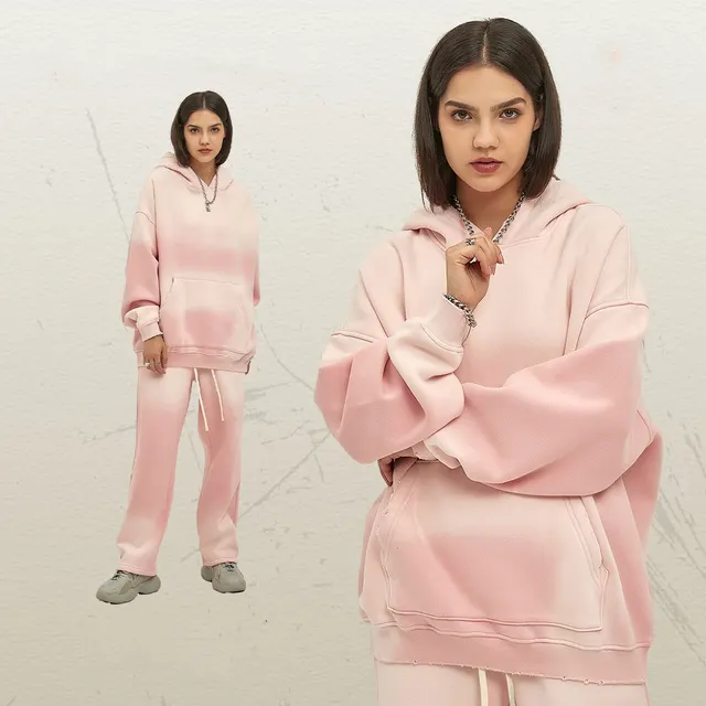 Solid Color With Fur Thick 350g Spray Dyed Distressed Hooded Sweater Spray Dyed Light Pink - Shop at LoveMi