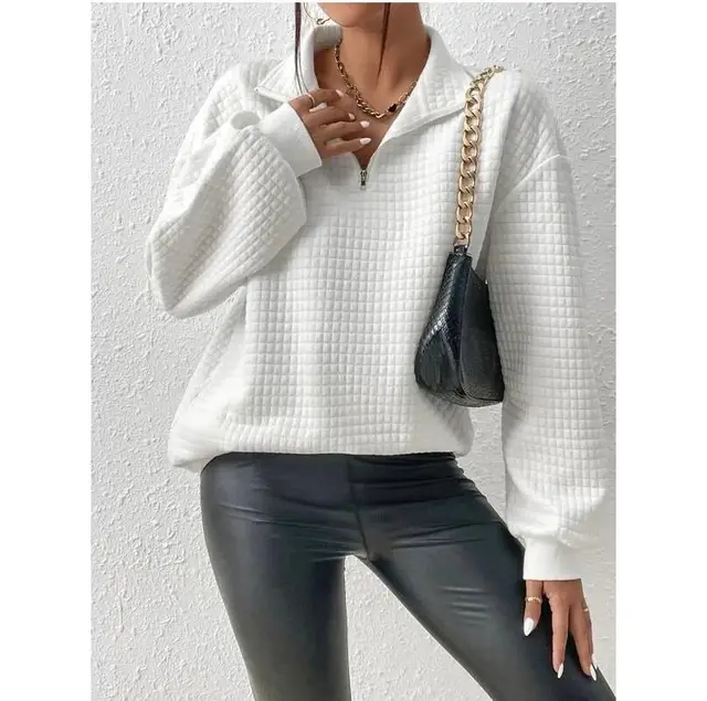 Waffle Solid Color Stand Collar Long sleeve Zipper Patchwork Sweater White - Shop at LoveMi