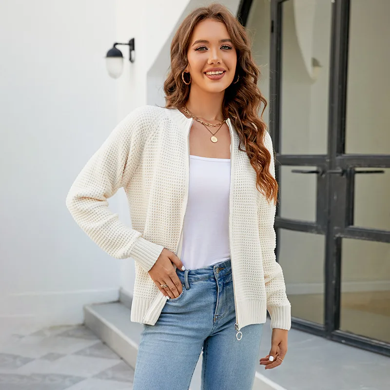 Sweater Cardigan Women's Solid Color Zipped Round Neck Knitwear Coat Beige - Shop at LoveMi