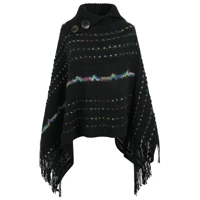 Lapel Button Pullover Shawl Women's Knitted Cape Black - Shop at LoveMi