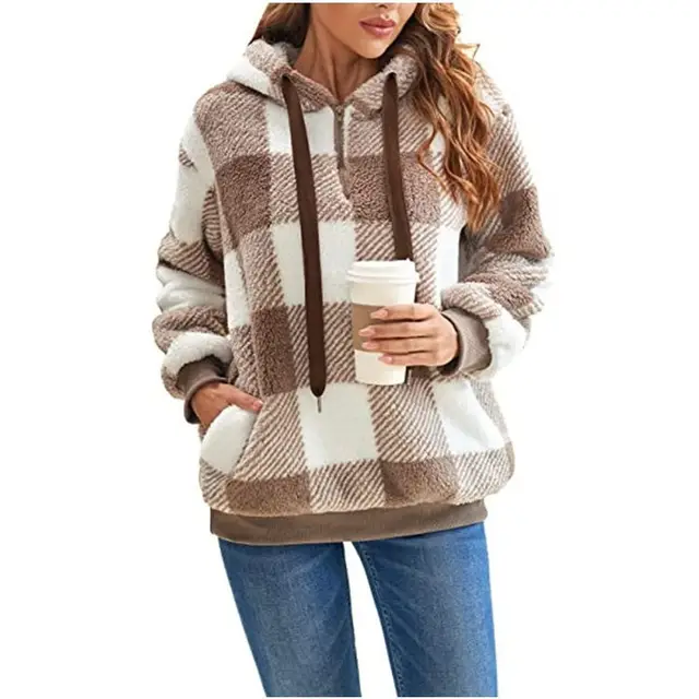 Women's Long sleeved Hooded Plaid Plush Sweater Khaki - Shop at LoveMi