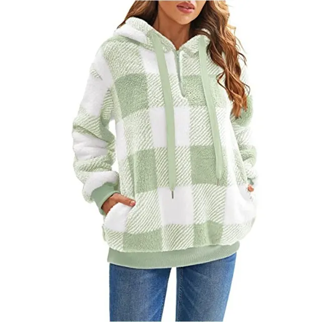 Women's Long sleeved Hooded Plaid Plush Sweater Light Green - Shop at LoveMi
