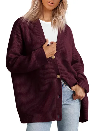 V neck Flattering Knit Cardigan Women Red - Shop at LoveMi