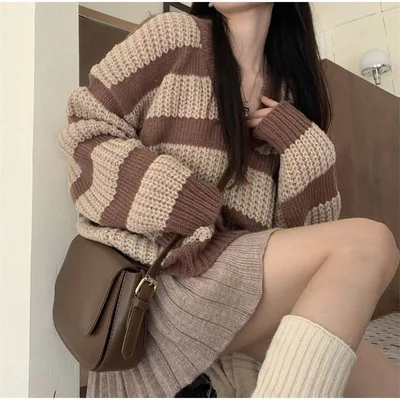 Women's V neck Striped Sweater Autumn And Winter New Brown - Shop at LoveMi