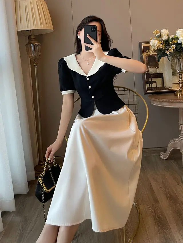 French Retro Polyester Top Two piece Dress Skirt - Shop at LoveMi
