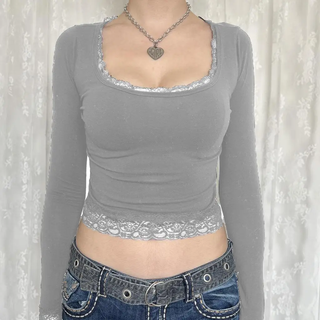 Lace U-neck Long-sleeved T-shirt - 1Grey