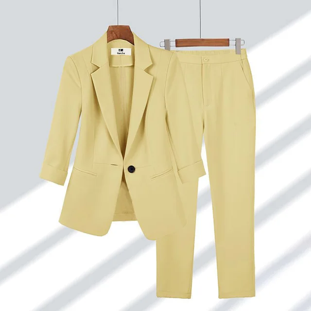 Casual Blazer Set Solid Color Lapel Single breasted Jacket And Zipper Straight Pants Women's Office Business Suit Yellow Outfit Top Pants - Shop at LoveMi