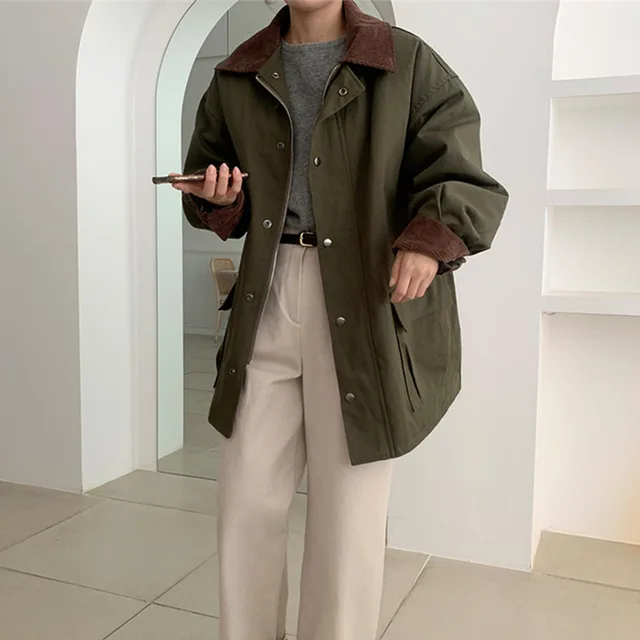 Color Matching Square Collar Plus Cotton Thickened Casual Jacket Top Women Army Green - Shop at LoveMi