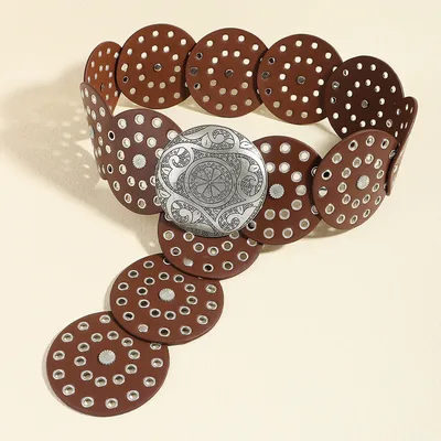 Retro Women's Round Hollow Metal Wide Belt Antique Silver Red Brown B - Shop at LoveMi