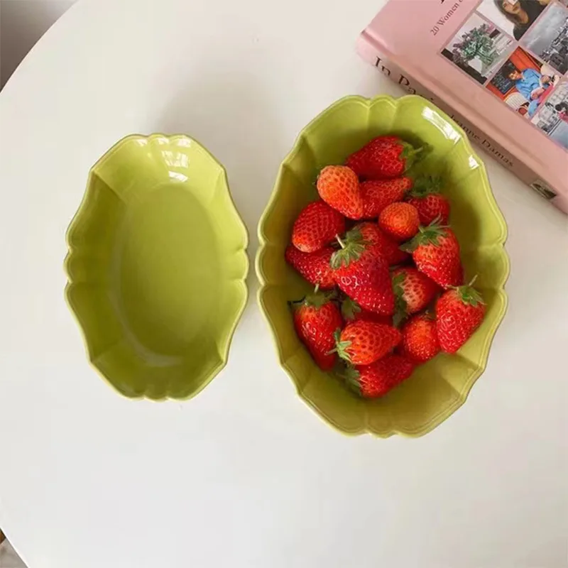 Retro Japanese Style Wave Lace Ceramic Oval Bakeware Green - Shop at LoveMi