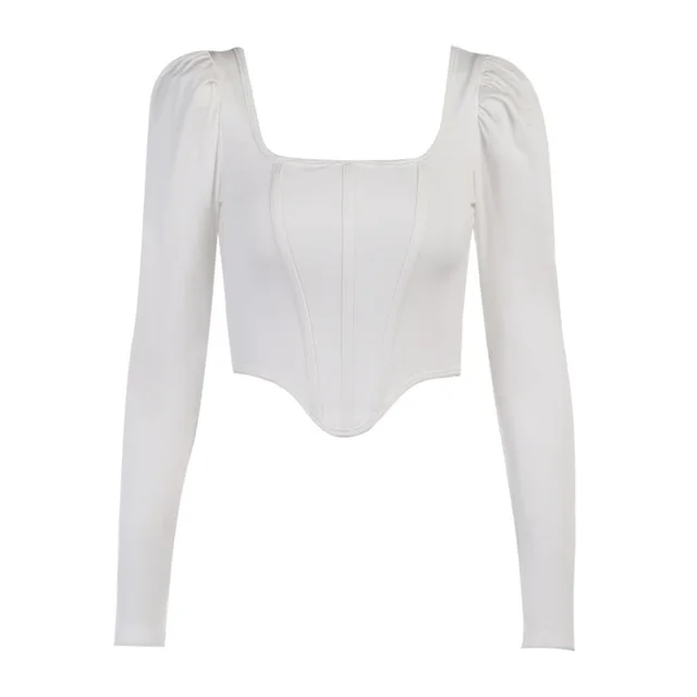 Collar Pure Desire Long Sleeve Sexy Puff Sleeve Fishbone Waist Short Top White - Shop at LoveMi