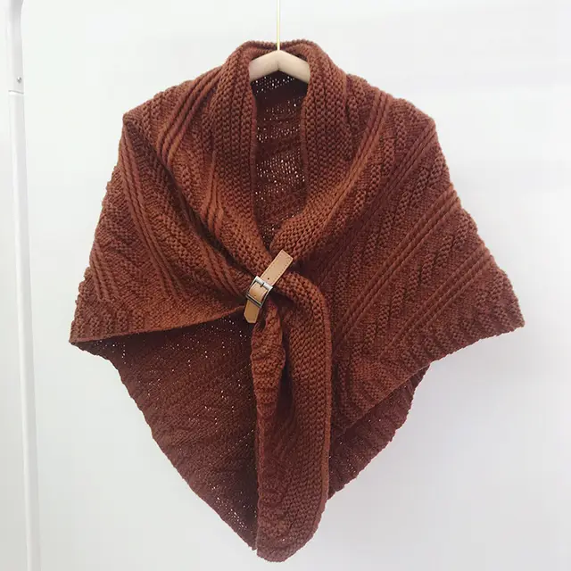 New Korean Style Hollow Leather Ring Big Triangle Shawl Cape Pure Color Warm Keeping Caramel Brown - Shop at LoveMi