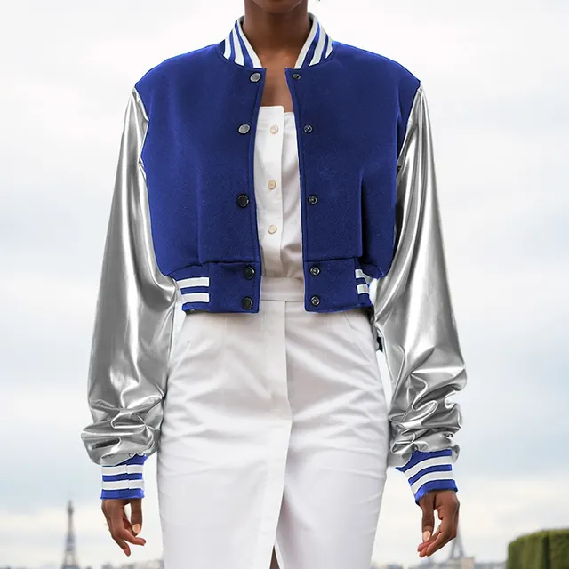 Solid Color Casual Button Long Sleeve PU Leather Baseball Uniform Blue - Shop at LoveMi