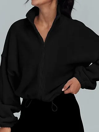Women's Polar Fleece Sports Velvet Stand Collar Zipper Jacket - Black