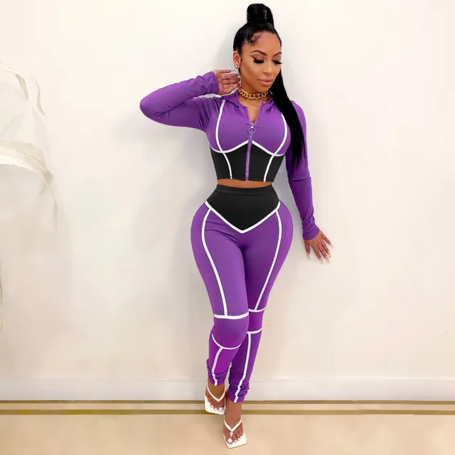 Women's Clothing Fashion Yoga Clothes Contrast Color Tight Two piece Sports Suit Purple - Shop at LoveMi