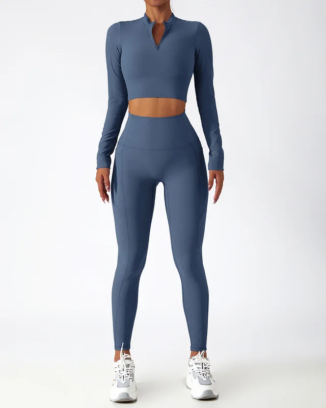 Long Sleeve Yoga Suit Running Training Belt Chest Pad Top Haze Blue Suit - Shop at LoveMi