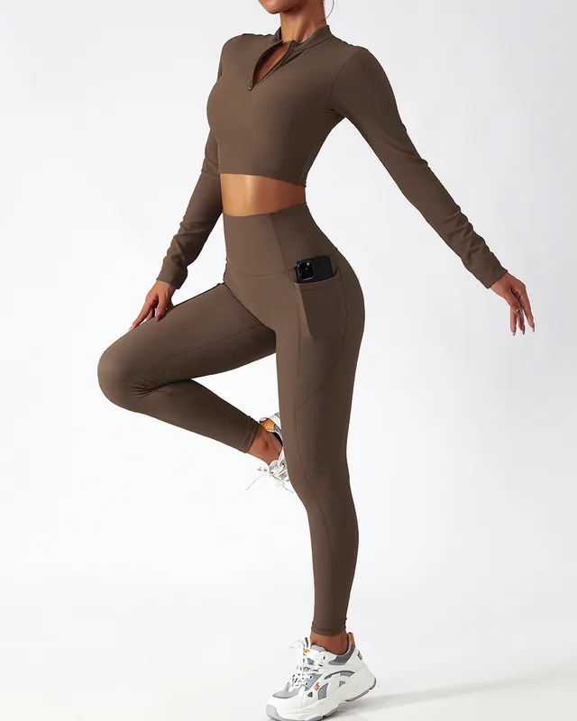 Long Sleeve Yoga Suit Running Training Belt Chest Pad Top Tea Coffee Color Suit - Shop at LoveMi