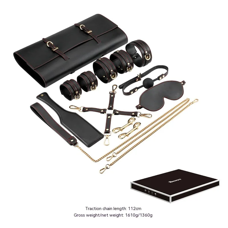 Training Binding Leather Eye Mask Ball Gag Buggy Bag Couple Tools - Black Leather Gold Buckle