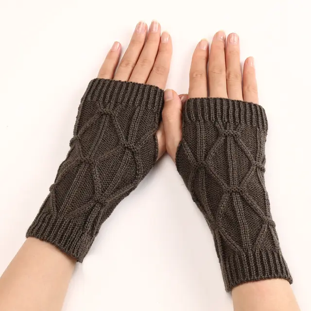 Rhombus Fashion Oversleeve Knitted Wool Keep Warm Half Finger Gloves Dark Gray - Shop at LoveMi