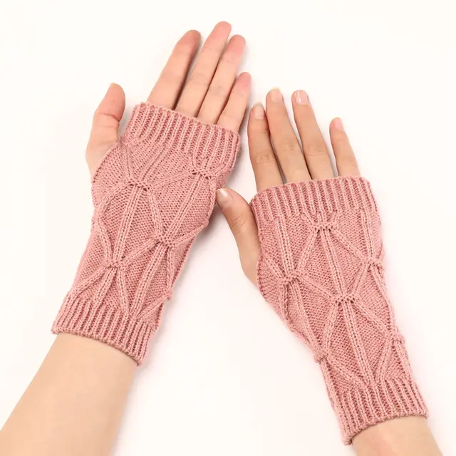 Rhombus Fashion Oversleeve Knitted Wool Keep Warm Half Finger Gloves Leather Pink - Shop at LoveMi