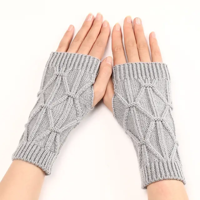 Rhombus Fashion Oversleeve Knitted Wool Keep Warm Half Finger Gloves Light Gray - Shop at LoveMi
