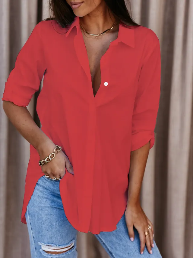 Autumn Simplicity Long Sleeve V neck Buttons Women's Shirt Red - Shop at LoveMi