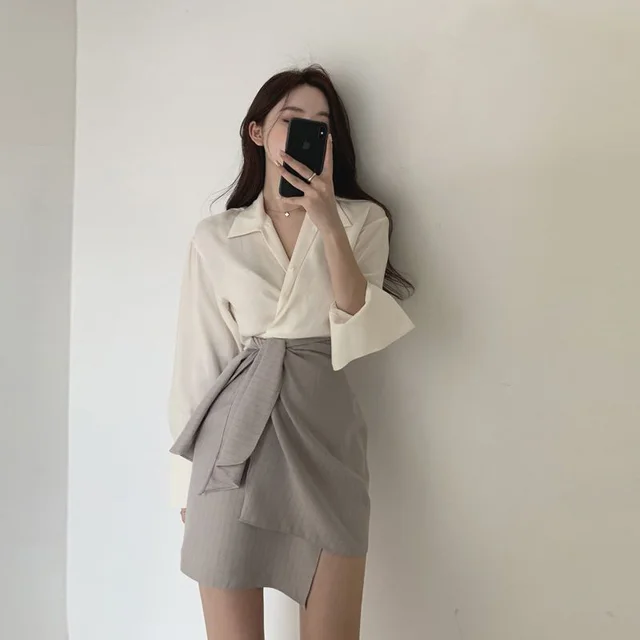 Women's Shirt Fashion High Waist A Line Skirt Slimming Two piece Suit Apricot Shirt Khaki Skirt - Shop at LoveMi
