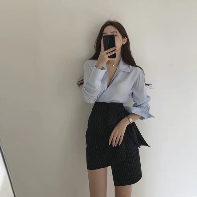 Women's Shirt Fashion High Waist A Line Skirt Slimming Two piece Suit Blue Shirt - Shop at LoveMi