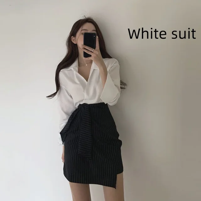 Women's Shirt Fashion High Waist A Line Skirt Slimming Two piece Suit White Shirt And Black Skirt - Shop at LoveMi