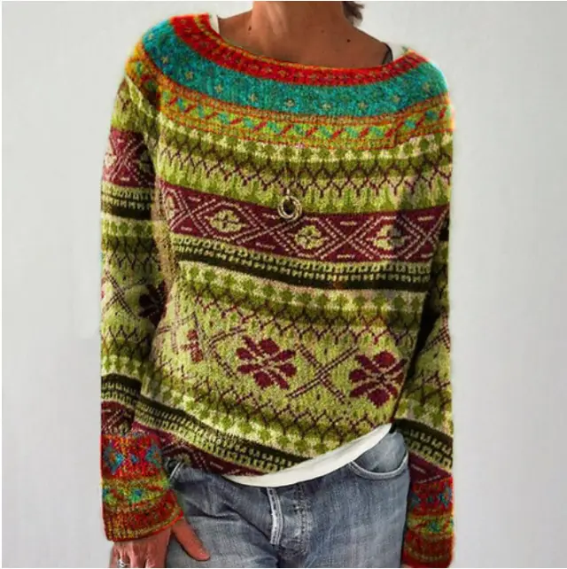 Women's Fashion Round Neck Multicolor Loose Leisure Pullover Knitwear Sweater - Color