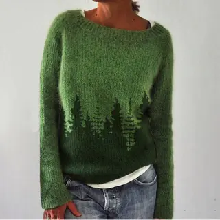 Women's Fashion Round Neck Multicolour Loose Leisure Pullover Knitwear Sweater - Green