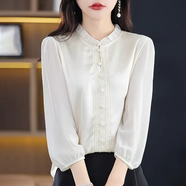 Ruffled Collar Solid Color Three quarter Length Sleeve Shirt For Women Beige Apricot - Shop at LoveMi