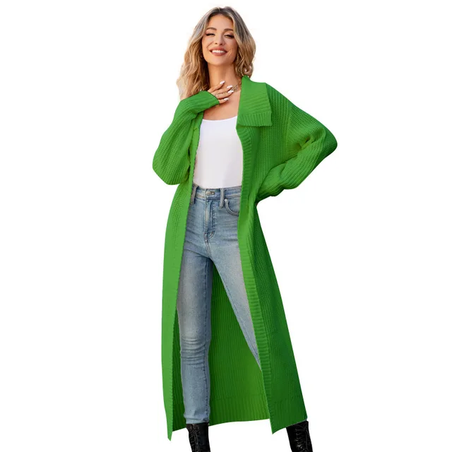 Women's Loose Casual Polo Collar Long Sweaters Cardigan Jacket Green - Shop at LoveMi