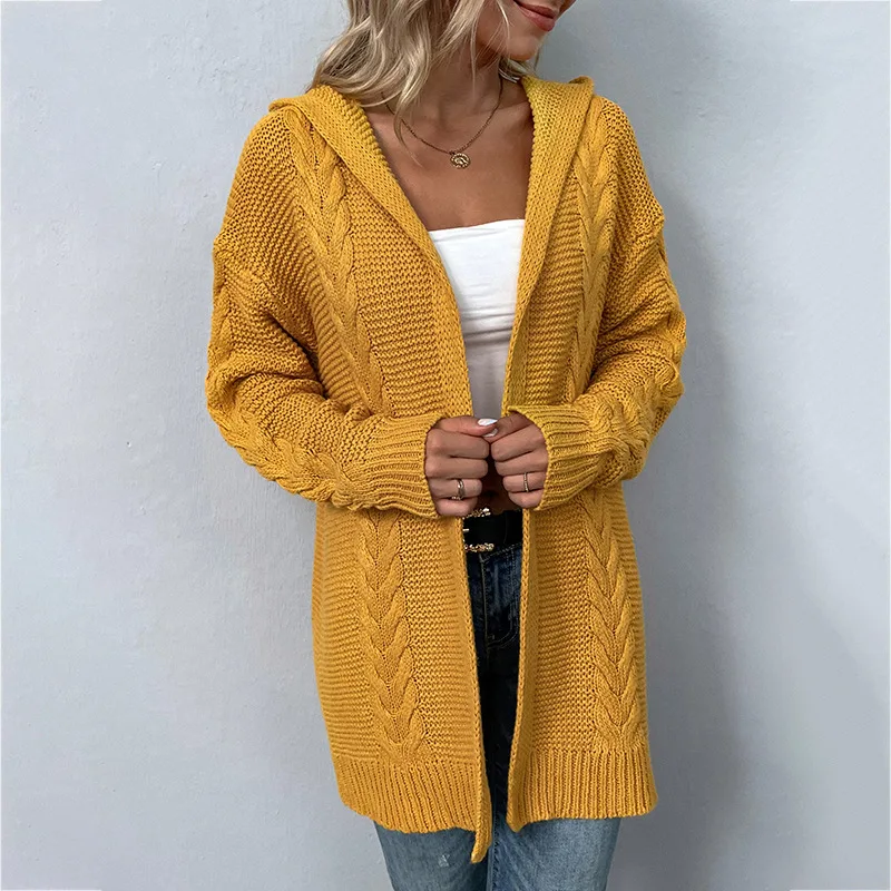 Women's Solid Colour Hooded Coat Cardigan Sweater - Turmeric
