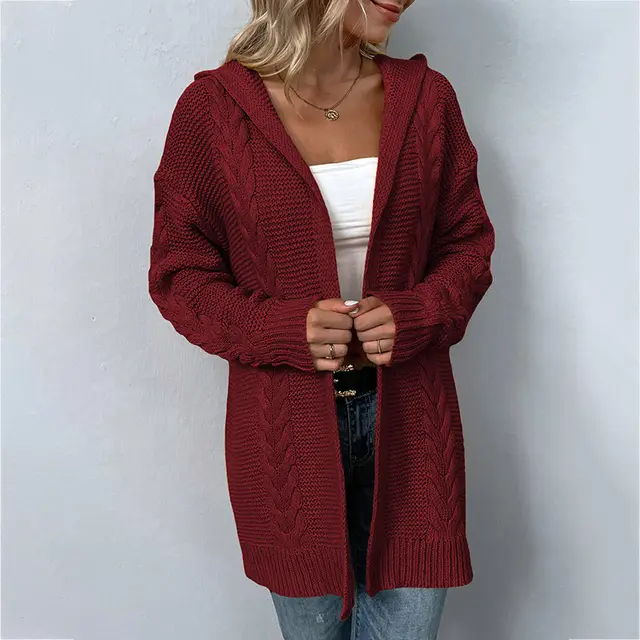 Women's Solid Color Hooded Coat Cardigan Sweater Wine Red - Shop at LoveMi