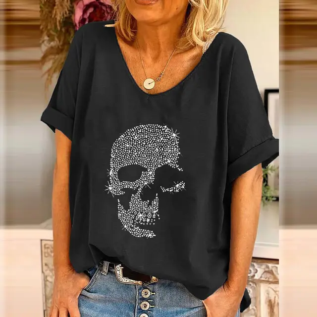 Women's Plus Size Loose Bead T shirt Top Short Sleeve Black - Shop at LoveMi