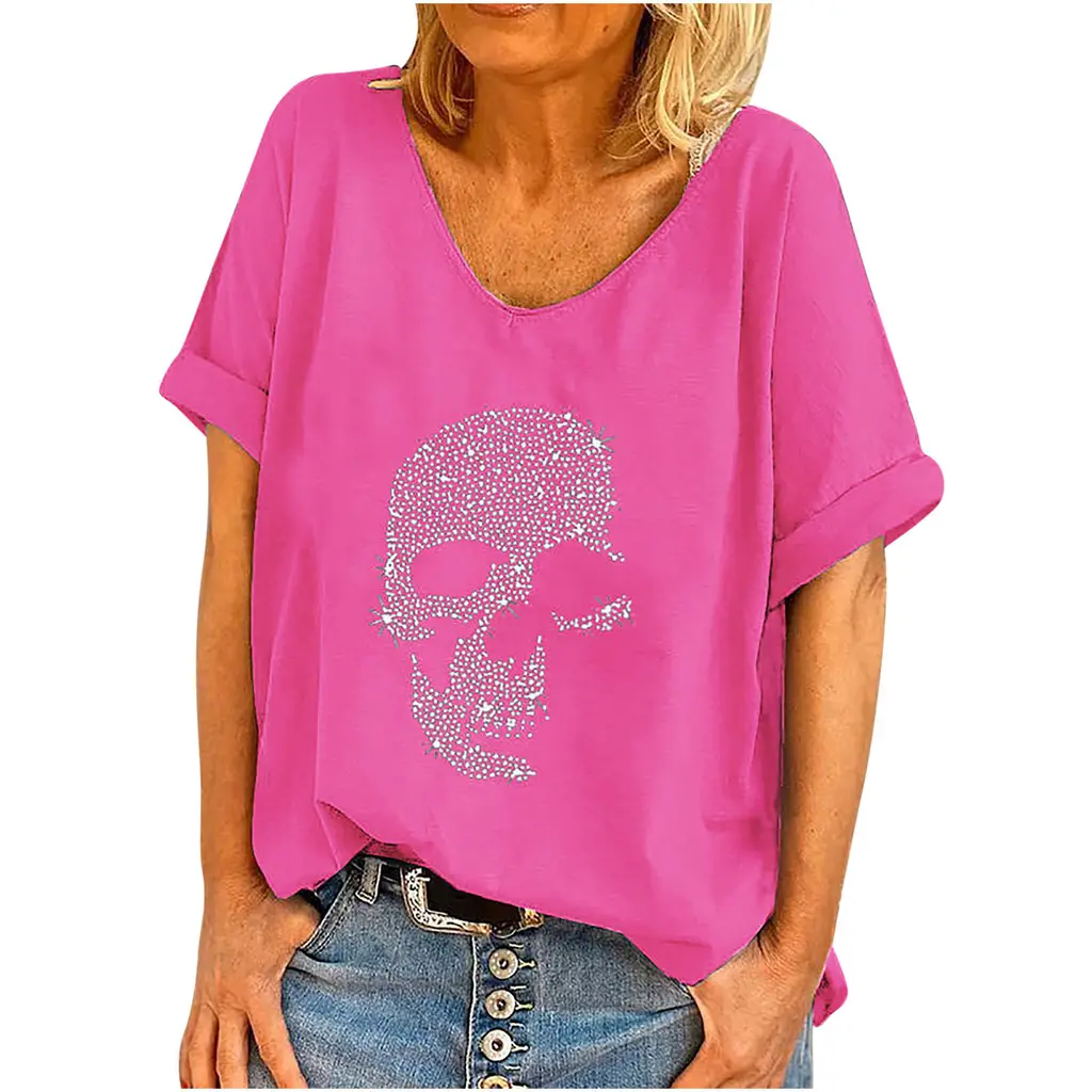 Women's Plus Size Loose Bead T-shirt Top Short Sleeve - Rose Red