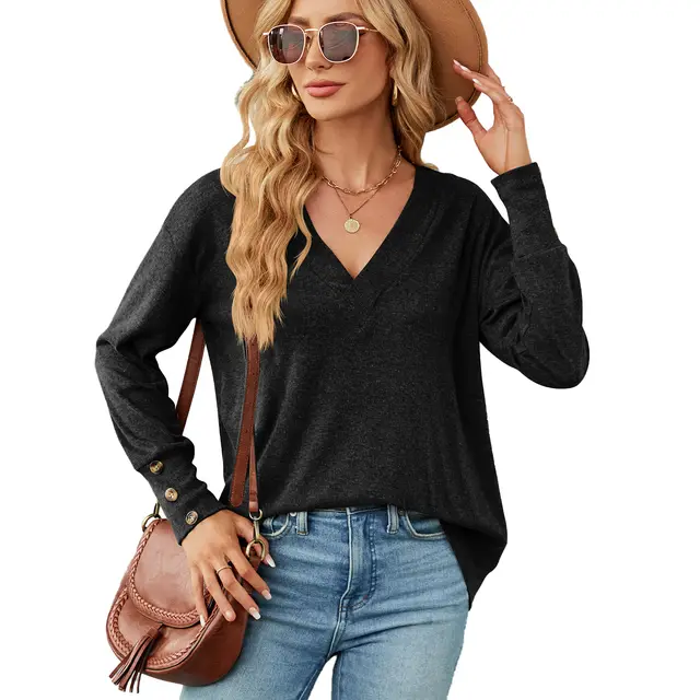 Solid Color And V neck Loose Long Sleeve Button T shirt Top Black - Shop at LoveMi